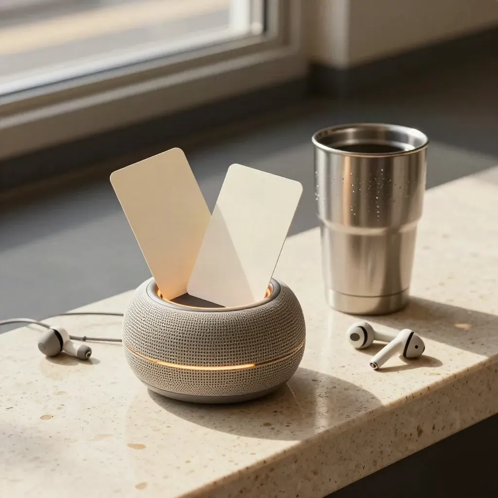 Setup per conversazione spagnola con speaker, schede dialogo, auricolari e mug da viaggio su travertino.