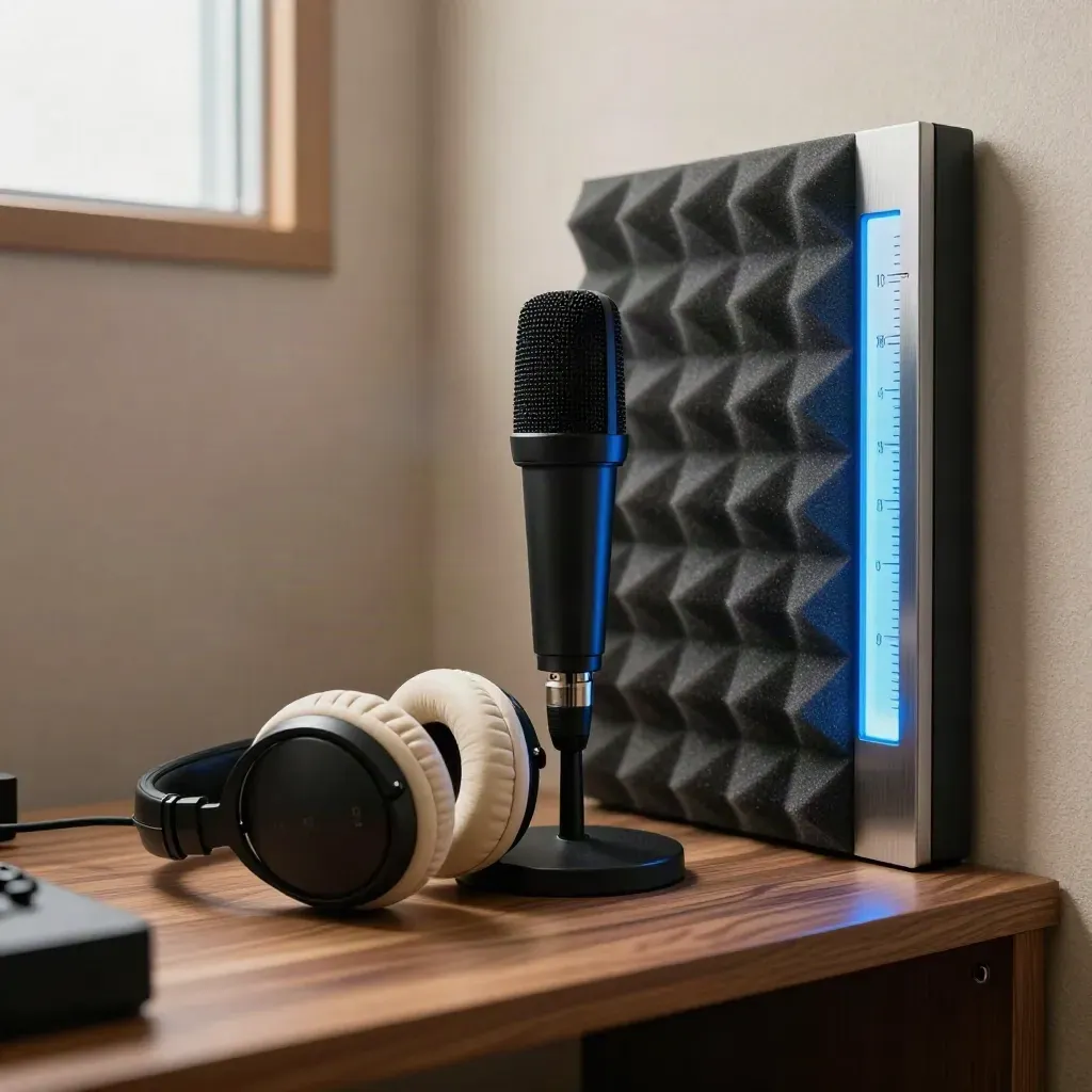 Microfono, cuffie e luce blu in uno studio di pronuncia elegante e moderno.