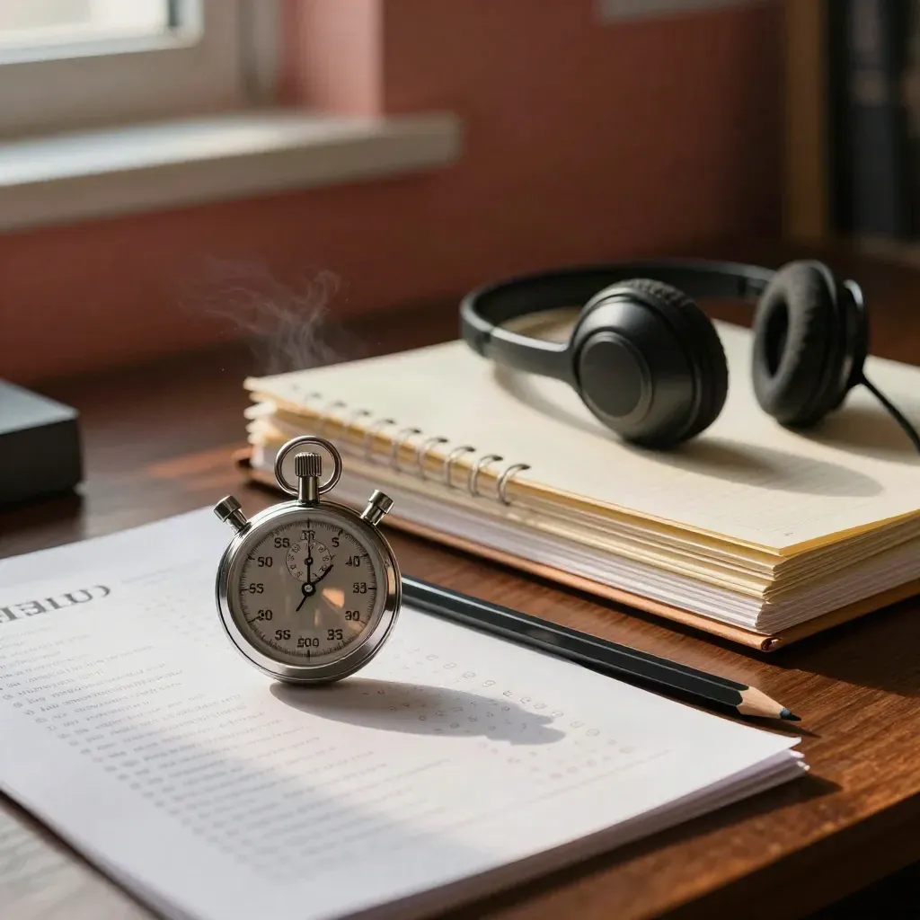 Kit per esami IELTS con timer, raccoglitore, cuffie, cartoncini risposta e matita.