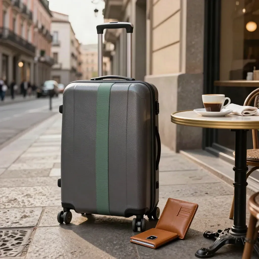 Trolley, portafoglio passaporto e tesserino hotel su tavolino di caffè a Madrid, luce cinematografica.