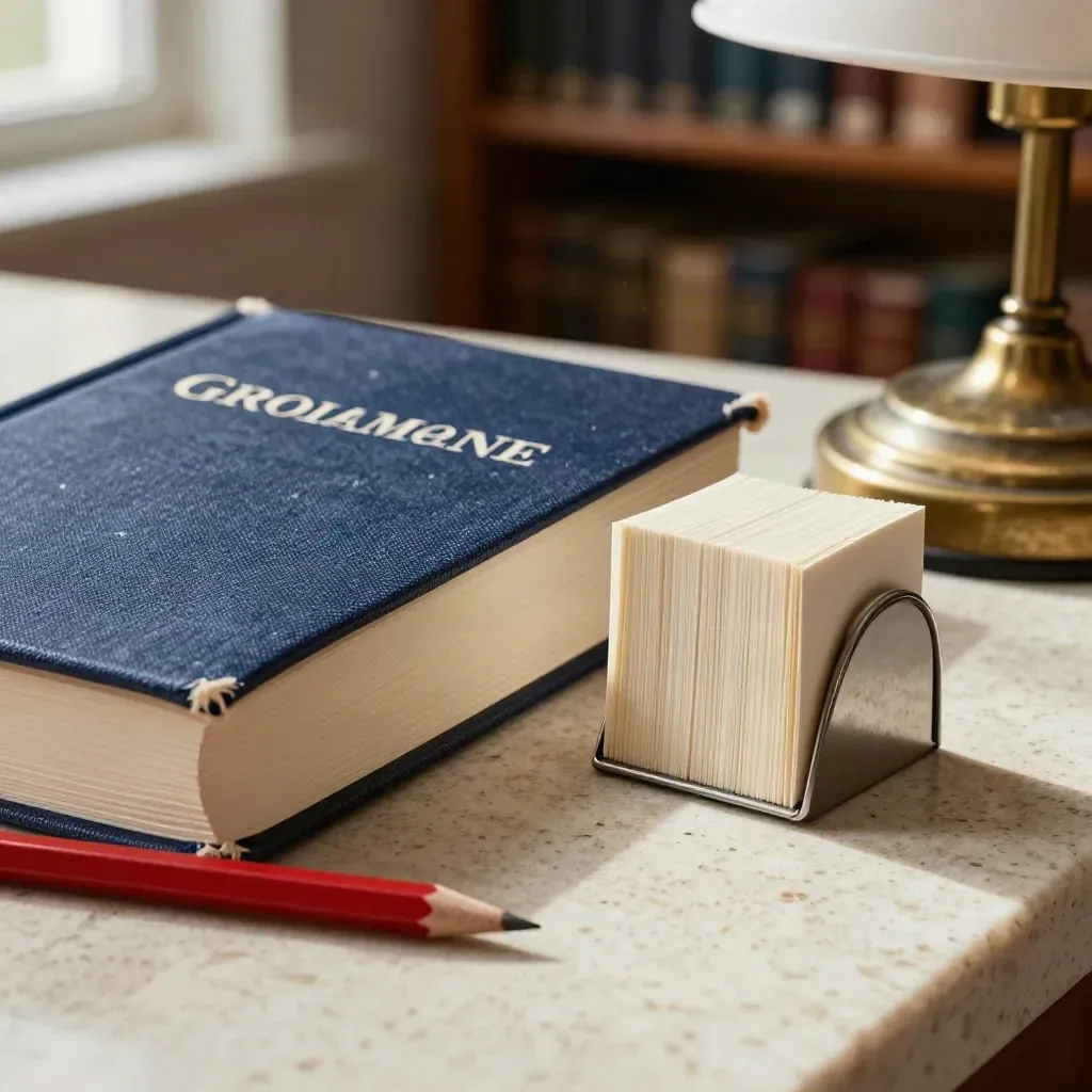 Libro di grammatica blu, matita rossa e flashcard su travertino, con base in ottone e luce soffusa