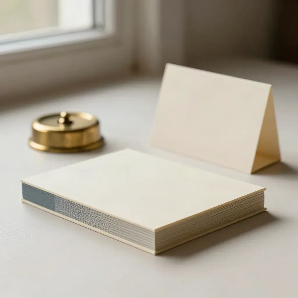 Blocchi corso in carta, fermacarte in ottone e porta-card su fondo chiaro, stile minimal.