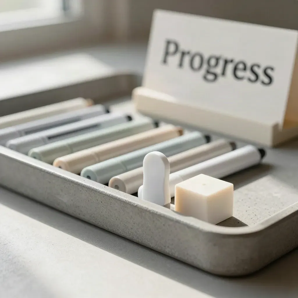 Vassoio di progresso con token e marcatori neutri su cemento chiaro, luce morbida