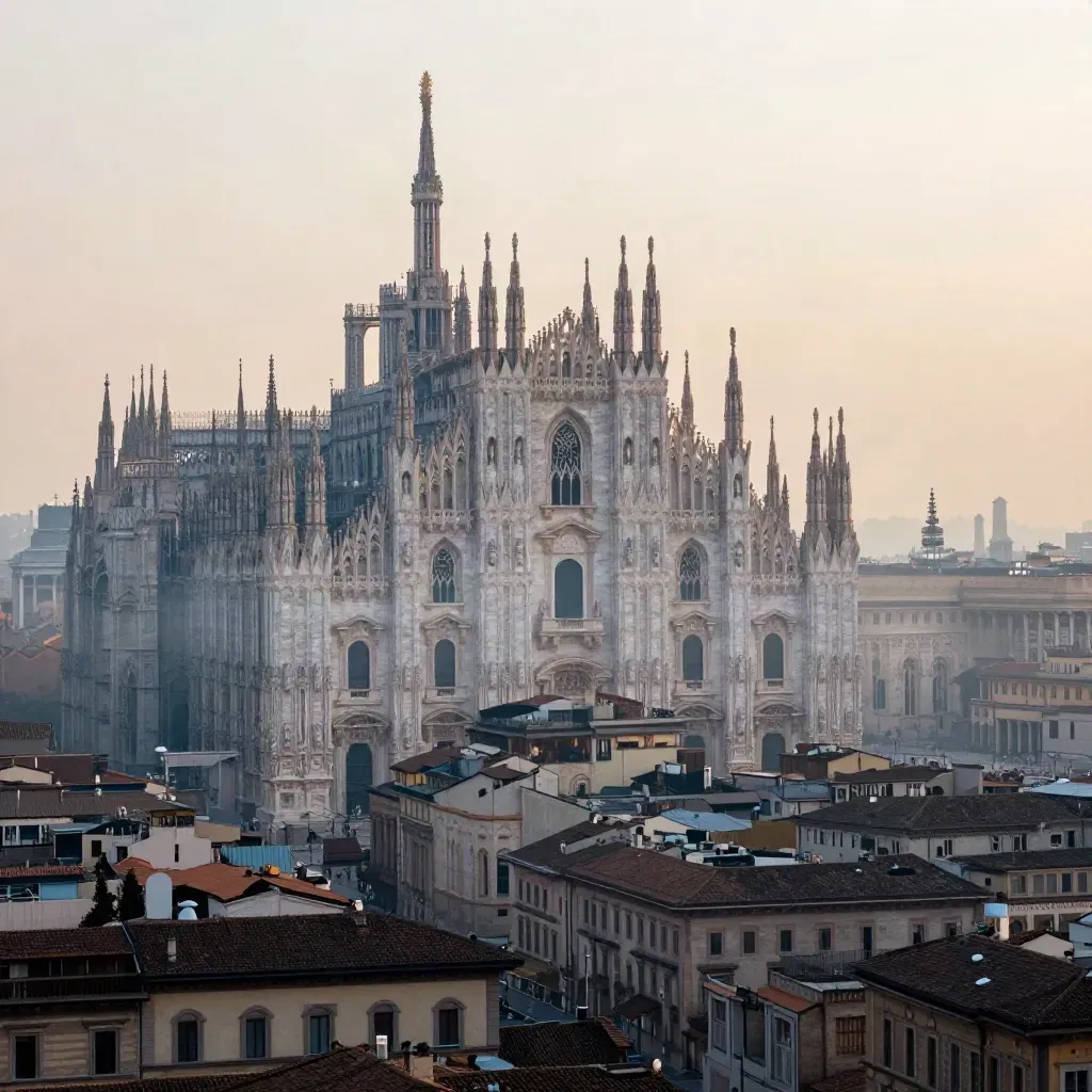 Veduta di Milano all’alba con le guglie del Duomo alte tra la foschia urbana