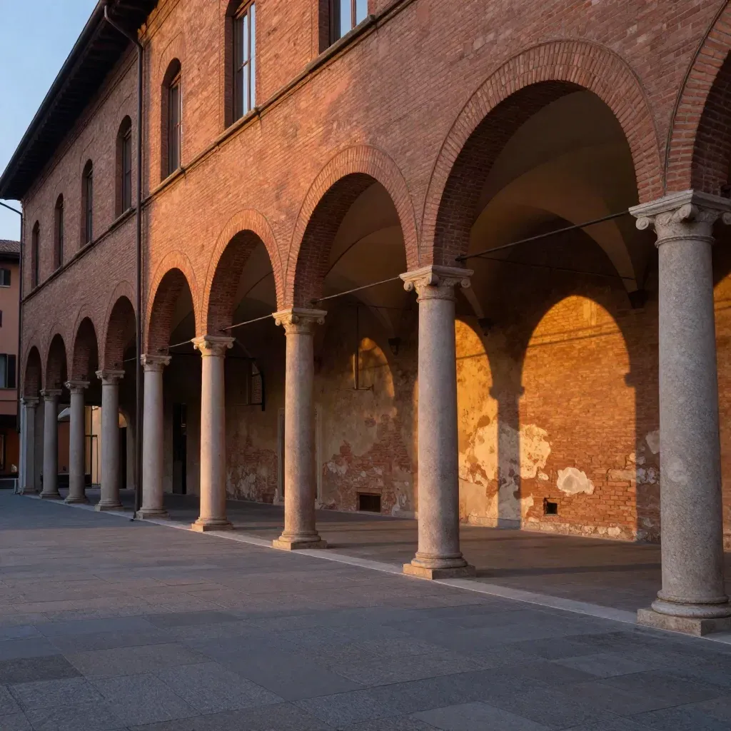 Portici di Bologna al tramonto, luce calda e spazio libero per il testo